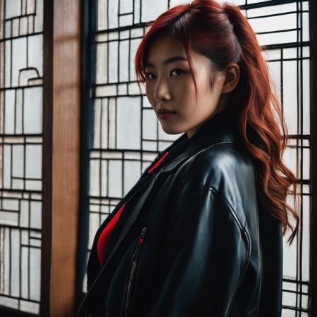 realistic close-up photograph of a 20yo mixed japanese 1girl with red hair, open black jacket, red bra,

inside house, in front of large window

best quality, high quality, dark, blue rim lighting

highly detailed, intricate
