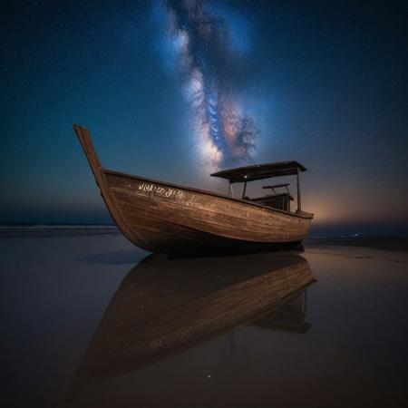 Silhouette, 
at night sky, 
Milky Way Galaxy, 
wooden boat on the beach, 
highly detailed, 
pleasant details, 
attractive, 
sharp focus, 
32K, 
crystal clear sparkling beach water, 
smooth and reflective, 
emitting its own luster. Depth of field, 
ultra wide angle HD, 
the scene is stunning