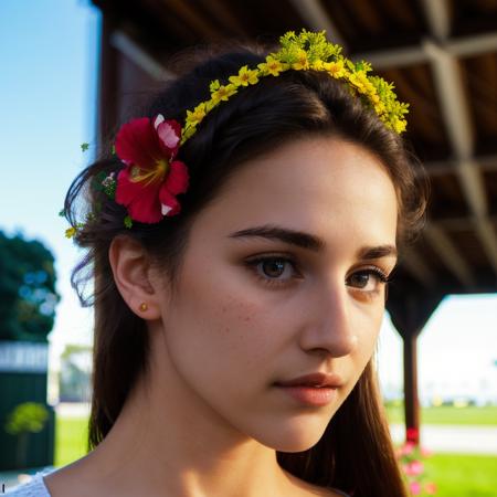 Photograph of a woman with a flower in her hair <lora:ReaPhoLoRA-10:1>, (good composition), (in frame), centered, 8k, 4k, detailed, attractive, beautiful, impressive, photorealistic, realistic, cinematic composition, volumetric lighting, high-resolution, vivid, detailed, stunning, professional, lifelike, crisp, flawless, DSLR, 4k, 8k, 16k, 1024, 2048, 4096, detailed, sharp, best quality, high quality, highres, absurdres