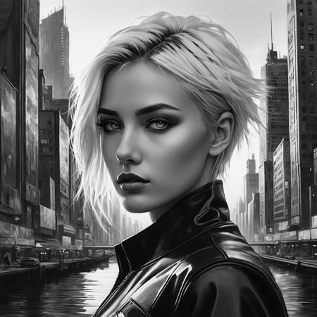 A striking portrait of a beautiful woman with short, tousled platinum blonde hair, intense eyes, and sharp facial features. The artwork is in a semi-realistic, high-detail black-and-white style with a cyberpunk and futuristic aesthetic. The background features a surreal cityscape, blending into her figure with an abstract, painterly effect. One side of the city is dark and shadowy, while the other side is illuminated by a glowing, golden sunset, reflecting off the water. The composition is dynamic, with a mix of fine details and expressive brushstrokes, creating a dreamlike and cinematic atmosphere.