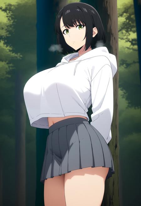 short hair, mole under eye, green eyes, black hair, bangs white hooded, white shirt, pleated skirt, grey skirt hood up