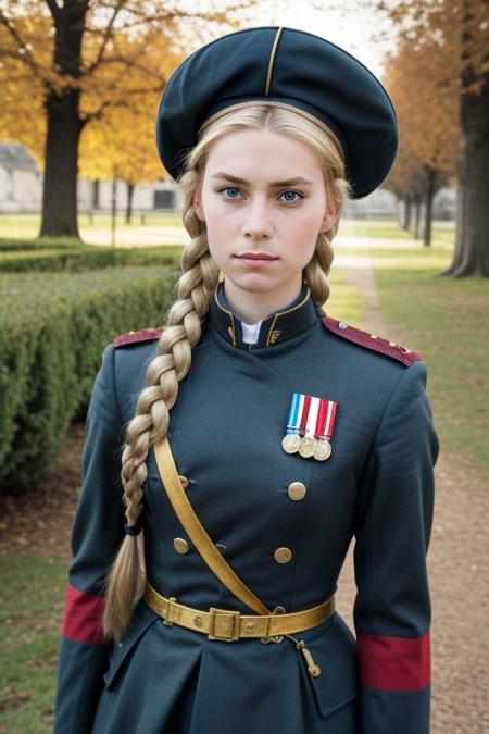 ground level outdoor photo of angry 25YO blonde French female with twinbraids wearing [XV century] military uniform, bottom-view