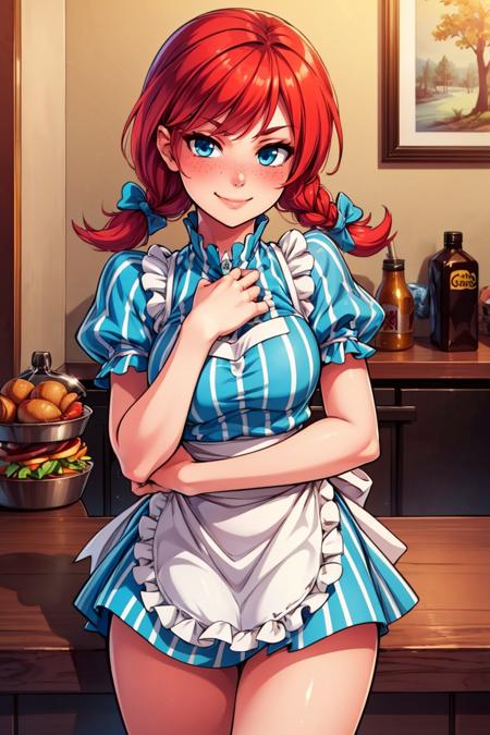 wendy (wendys),   red hair, blue eyes, blush, braid, pig tails,  apron, dress, highres, long hair, red background, smug, striped clothes, striped dress, waist apron, 