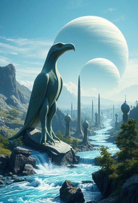 a giant alien, avian statue, with a sharp beak and eagle eyes, its clawed feet astride a fast flowing blue river with spray rising from jagged rocks, guards a valley. In the near distance several structures, tall narrow spires topped with large egg shaped crystal houses. On the horizon a giant ringed planet, its atmosphere a swirl of blues and greens, rises over an alien forest