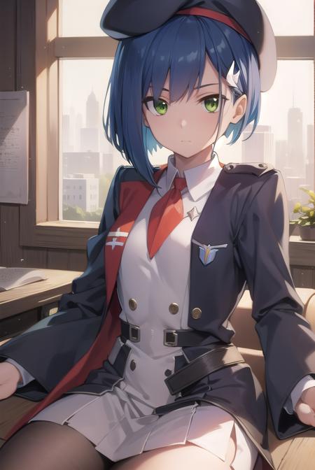 franxxichigo, <lyco:ichigo-lyco-nochekaiser:1>, 
ichigo, blue hair, (green eyes:1.5), hair ornament, hairclip, short hair,
BREAK beret, hat, military, military uniform, uniform,
BREAK looking at viewer,
BREAK indoors, classroom,
BREAK <lyco:GoodHands-beta2:1>, (masterpiece:1.2), best quality, high resolution, unity 8k wallpaper, (illustration:0.8), (beautiful detailed eyes:1.6), extremely detailed face, perfect lighting, extremely detailed CG, (perfect hands, perfect anatomy),