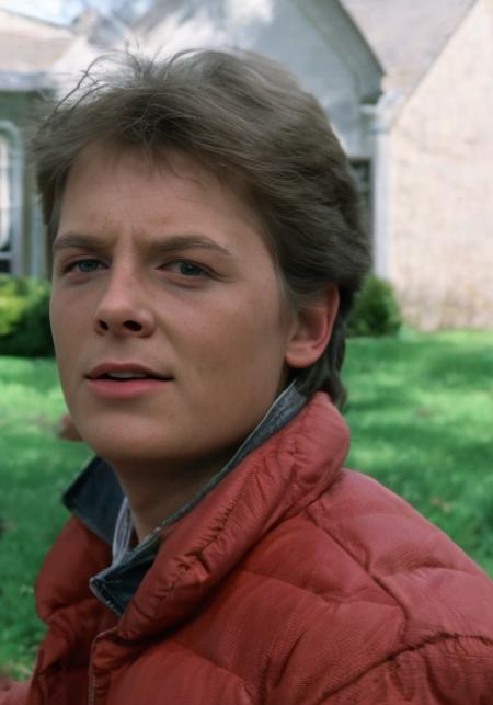 <lora:mrtmcfl_v3.1:1> mrtmcfl, a young man cosplay marty mcfly 1980s in a garden