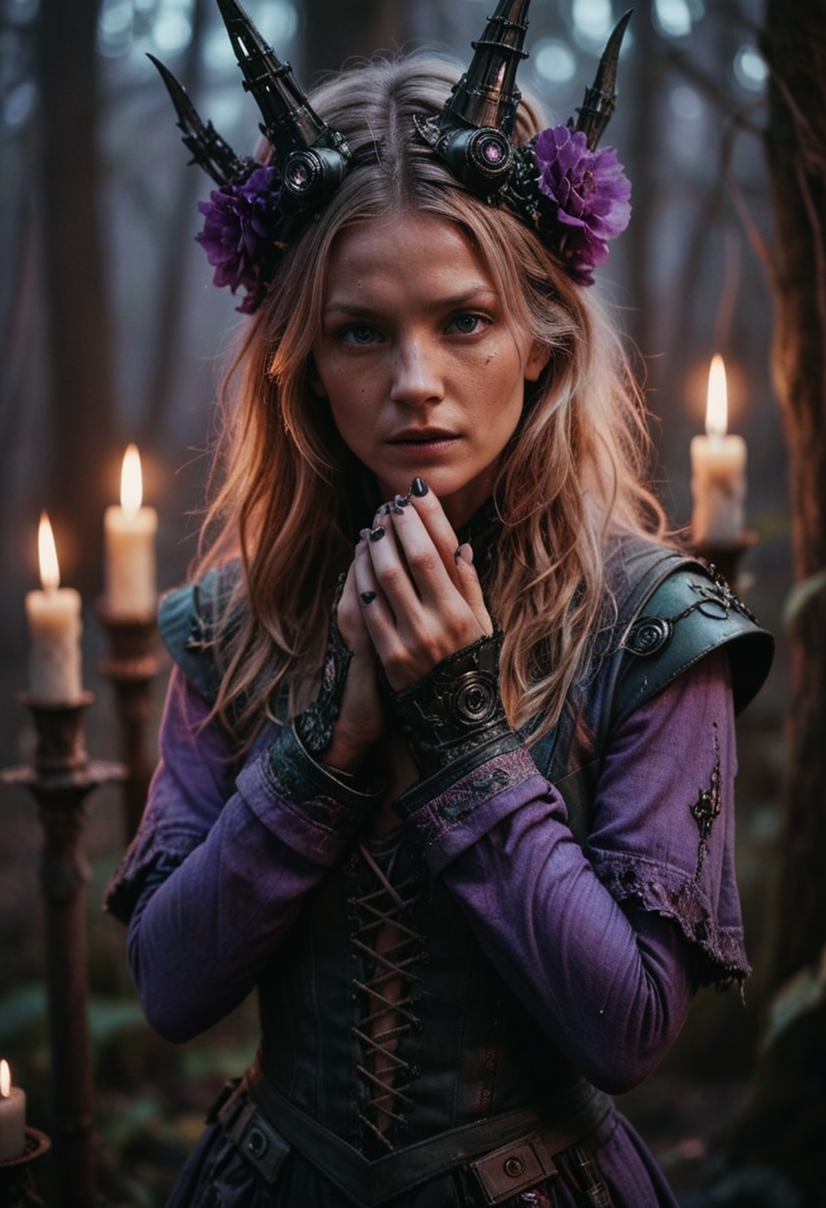 photograph, hyper detailed, intricate background, Boorish Cameron Richardson, Witch, wearing Mecha- electric color torn cl...