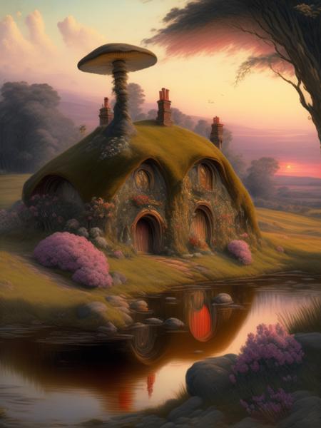 <lora:AlfredAugustusGlendening:1>a hobbit house in the style John Everett Millais, The distant hills, river around the hilland houses, mushrooms and moss, pink flowers,sunset glow,