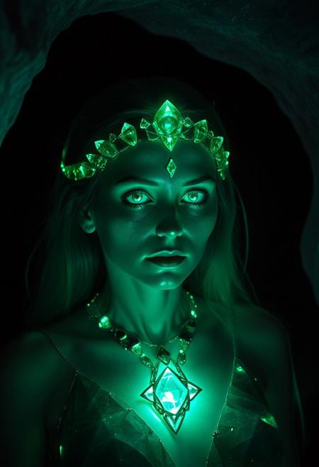 One woman, in a dark background with soul lights. She is a mystical figure with clear outline. She is wearing an unique clothing made up of gem stones. Her eyes are emerald and her hair is emerald green which is flowing with serenity. An emerald is embedded on her forehead just above the nasal bridge. There is an emerald core at the centre of her chest which is giving a calm but an eerie aura. She is staring mystically at the viewer. The background is mystical cave with a green glow.