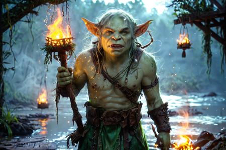 bioluminescent, an orc child with green skin, wearing a simple tunic, playing with a wooden toy, solo, from the Darkridge Clan, with dark gray armor and ridge-like tattoos, an orc swamp lair with wooden platforms, muddy water, hanging vines, detailed background, fishing in a river, using a spear, defiant, standing tall, action focus, medium shot, a feast celebration with orcs eating, drinking, and laughing, roasted meat on tables, a sack of loot, nearby, on swamp mud, wet and slimy, night, starry sky, moonlight glow, cool shadows, midnight, dark starry sky, moonlight, cool stillness, best quality, vibrant colors, realistic style, high detail, high-definition, hyper-realistic, extremely high-resolution details, fine texture, incredibly lifelike, realistic, not cartoon, not drawing, highres, 4K resolution, source photo, realistic photo, masterpiece, best quality, amazing quality, very aesthetic, ultra-detailed, detailed textures, natural lighting, soft light, plains yellow tones, golden yellows and greens, sunlight, bright natural glow, wide shot, <lora:Mystic_Lumina_r1-000007:0.9>