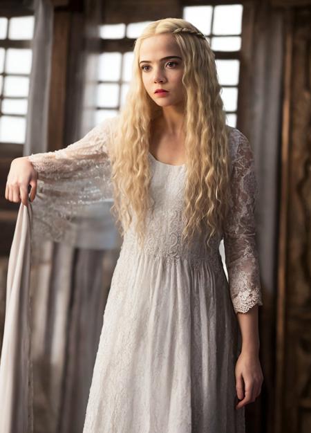 <lora:witcher-ciri:1.0>, witcher-ciri, 1girl, blonde hair, curly hair, indoors, long hair, solo, white dress, small breasts,