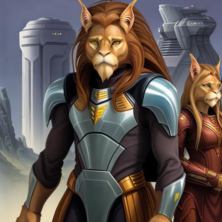 painting of an Aslan male standing next to an Aslan female, sci fi, futuristic clothing <lora:aslan_v202:1>