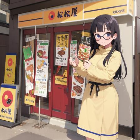 best quality, ultra-detailed, illustration,
(1girl:1.4), solo, glasses, black hair, long hair, medium breasts, white sweater, long skirt, embarrassed, blush, shy smile, looking at viewer,  solo focus,
matsuya, scenery, storefront, japan, scenery, shop, food, plant, poster (object)
 <lora:matsuya_SD15_V2:0.8>