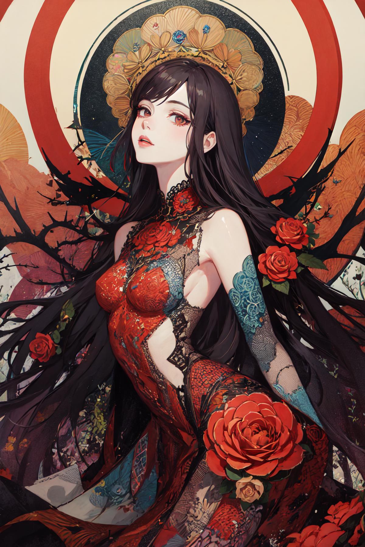 Anime girl in a red dress with roses on her arm and face.