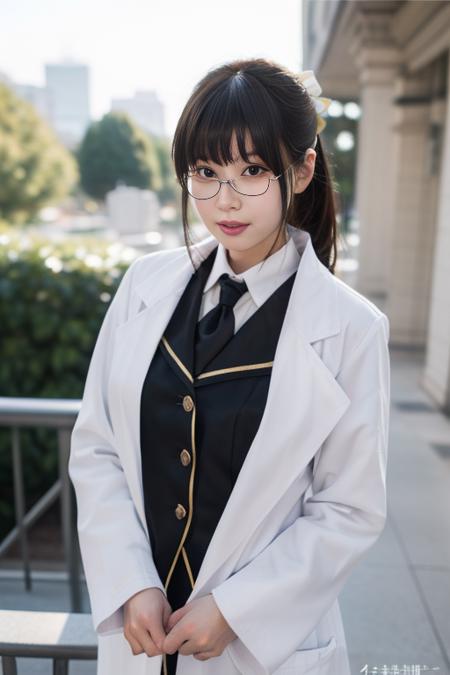 ultra-detailed,highly detailed,best quality,masterpiece,illustration,realistic,
shiguma rika, 1girl, solo, cosplay,
st. chronica academy school uniform,
glasses,hair bow, labcoat,
looking at viewer, upper body,
outdoors, nature, 
<lora:shiguma rika_v1_07:0.7>