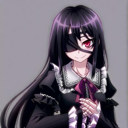 by Ray-kbys, purple bandage over one eye, eyepatch, ageha, purple ribbon, neck ribbon, black dress, gothic fashion, victorian dress, center frills, frilled shirt collar, frills, frilled dress, long hair, monster girl, purple hair, slit pupils, red eyes, eyeshadow, frilled sleeves, long sleeves, layered sleeves, wide sleeves, puffy sleeves, bow, 1girl, solo, smile, frilled_sleeves, dress, long_sleeves, black_hair, long_hair, red_eyes, looking_at_viewer, puffy_sleeves, closed_mouth, black_dress, hand_on_own_chest, juliet_sleeves, upper_body, bangs, wide_sleeves, center_frills, hair_between_eyes, joints, bandages, buttons, hand_up, frilled_shirt_collar, eyepatch, a drawing of a woman with black hair wearing a black outfit, anime, dressed in a frilly lace, with a covered face