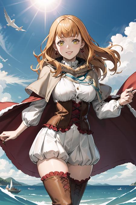 beautiful mimosa vermillion,orange hair, red cape, capelet, turtleneck sweater, corset, thighhighs,thigh boots, earrings, smile, looking at viewer, (floating:1.4), floating object, ,outdoors, sky, cloud, sun,  light smile, scenery, (volumetric lighting), best quality, masterpiece, intricate details, tonemapping, sharp focus, hyper detailed, trending on Artstation,