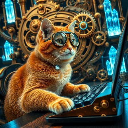 A ginger cat, wearing aviator googles, sits at a table with its paws tapping the keyboard, behind him, filling the room, a marvellously intricate steampunk quantum computer, a fusion of Victorian elegance and futuristic technology. Gears gleam in polished brass, interwoven with elaborate clockwork mechanisms and glowing crystals pulsating with otherworldly energy. This striking image, envisioned as a high resolution digital image, showcases the machine's ornate design and cutting-edge functionality. Every detail is meticulously rendered, creating a visually stunning masterpiece that captivates the viewer with its intricate beauty and technological brilliance.