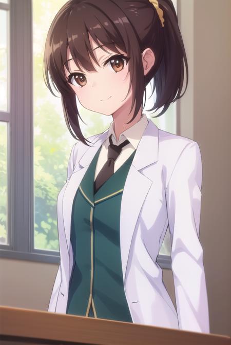 rikashiguma, <lora:rika shiguma s2-lora-nochekaiser:1>,
rika shiguma, brown hair, (brown eyes:1.3), ponytail, glasses, scrunchie, yellow scrunchie, smile,
BREAK school uniform, necktie, labcoat,
BREAK indoors, classroom,
BREAK looking at viewer, (cowboy shot:1.5),
BREAK <lyco:GoodHands-beta2:1>, (masterpiece:1.2), best quality, high resolution, unity 8k wallpaper, (illustration:0.8), (beautiful detailed eyes:1.6), extremely detailed face, perfect lighting, extremely detailed CG, (perfect hands, perfect anatomy),