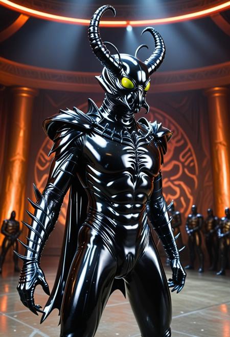 shnywrld, A colossal underground coliseum where massive insectoid gladiators, their exoskeletons coated in high-gloss latex, engage in brutal, ritualistic combat. Towering beetle-warriors wield iridescent, semi-liquid spears, while wasp-like duelists with razor-sharp, flexible latex wings perform impossible aerial maneuvers. The walls of the arena pulse with shifting patterns, like a living organism reacting to the violence within. Above, the audience consists of shadowy figures, their forms barely visible beneath flowing, seamless latex robes, watching in complete silence. At the center of the coliseum, a bio-mechanical scorpion-king stands motionless, its eyes glowing, waiting for its next challenger.