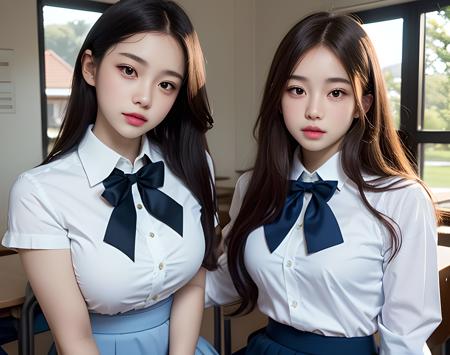 A photo of a teens, (18 years old), <lora:koreanDollLikeness:0.6>, ((2girls)), pretty face, young, ((wearing white formal shirt, blue skirt)), facing forward, student outfit, stockings, bow tie, at school hall, best quality, ultra high res, photorealistic:1.4, (waist-up photo), highly detailed, sharp focus, HDR, 8k resolution