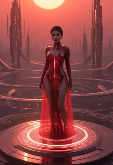 mouni roy, android woman , standing on a polished crystal platform in a futuristic alien city bathed in the warm glow of a crimson sunset. Her ethereal form, crafted from translucent materials, polished chrome, and glowing crimson energy lines, hints at a fusion of biological and technological origins. Her porcelain-like skin reflects the warm hues of the setting sun, creating a soft, otherworldly luminescence. Beneath her translucent skin, intricate gears, wires, and pulsating crimson energy conduits reveal a complex inner workings. Her large, crimson eyes gaze out at the alien cityscape with a wistful expression, hinting at a deep longing and a sense of wonder in the face of the unknown. Her short, choppy crimson hair frames her delicate features, catching the light of the setting sun and adding a touch of rebelliousness to her ethereal presence.
 The gown is adorned with intricate patterns of glowing energy lines, creating a mesmerizing display of light and color. The gown reveals glimpses of her sculpted physique and the intricate mechanisms beneath her skin, a captivating blend of vulnerability and technological marvel.
The alien city is a breathtaking spectacle of towering crystal structures that catch and refract the light of the setting sun, creating a dazzling display of colors. .easynegative, detailxl, Sci-fi Environments, digital painting