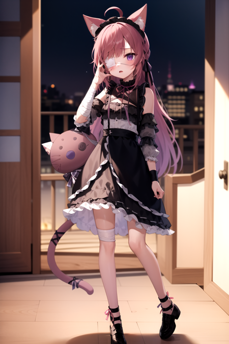 2d, masterpiece, best quality, highly detailed face, highly detailed eyes, highly detailed background, perfect lighting, full body, 1girl, solo, mikeneko, cat tail, black dress, eyepatch, purple eyes, bandaged arm, ribbon, standing, sad, bedroom, holding, stuffed animal <lora:mikeneko-20:1>