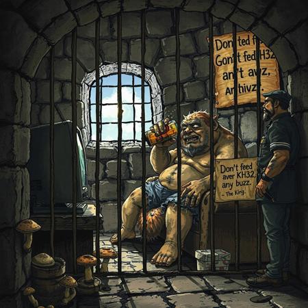 A fat, disgusting, pathetic fairy tale type troll visible through the bars of a medieval dungeon cell, sitting on a filthy couch and watching an old television while he is guzzling a beer with condensation running down the can. He is wearing a stained wife beater and denim shorts with gnarly feet on a sofa table. The cell is humid and dirty, occasional mushrooms grow on the wall, while only one corner has a small barred window that shows the sunny sky. A bored guard stands outside the cell as he leans against a wall, pointing to a crooked sign that reads "Don't feed KH32 any buzz. -The King."