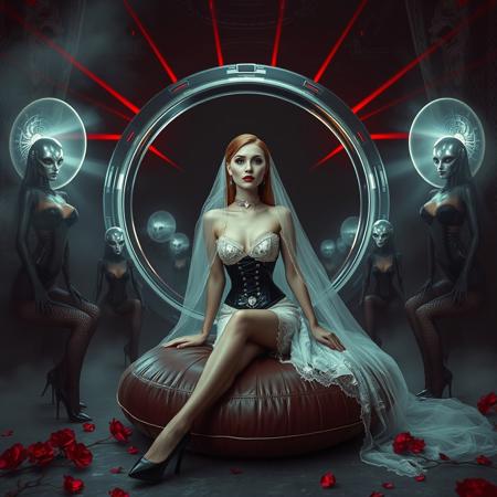 tall slender elegant slavic  bride  sit  at weird giant round mirror  pillow under dimension portal to another galaxy , slave  collar, dressed in sexy foil corset, long veil, pefect legs in lace trim stockings and d'orsay high heels, small feets, surrounded by alien fembots  in latex and high heels at background, fishnet curtains, fog, mirrors, hi-tech, sci-fi, scifi, mind control, steel, foil, hypno, romance, poison, lipstick, long hair, heavy makeup, 1950s hairstyle, red nails, long hair, green eyes, sharp cheekbones, ultra thin waist , seductive, feminine, mysterious, alien spaceship, space, radiating, laser, dramatic dark red lighting, darkness, corset, negligee, lace, seduce, alluring, vines, poison red flowers