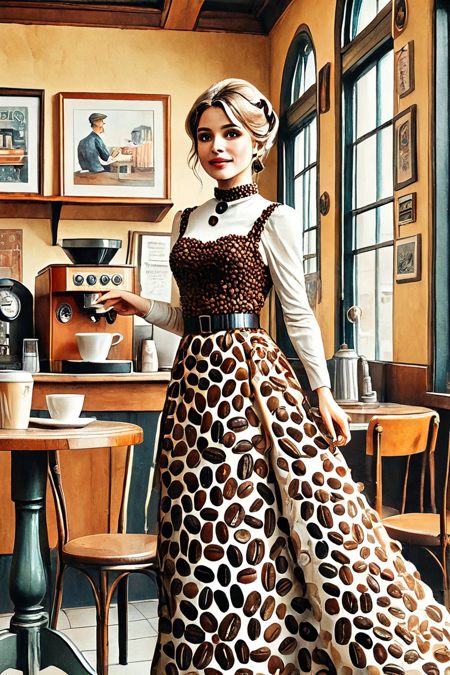 A watercolor-style image of a woman wearing a high collar, trailing sleeves, full length grown with long train made of coffee beans in a a vintage coffee shop, featuring retro decor, eclectic furniture, cozy atmosphere, vinyl records, and classic coffee machines. Whimsical and soft.
 <lora:coffee_beans_lora_xl_webui:0.75>  <lora:Add_Details_v1.2:1> <lora:In_Impressionism_Style_V1:0.75> In_Impressionism_Style