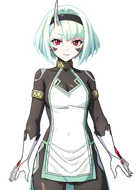 Koko Zenibako, dress, black skin color,  1girl, solo, short hair, looking at viewer, red eyes, green hair, facial mark, hairband, single horn, breasts, aqua hair,  <lora:Koko Zenibako20r61r61rcorrected-000006:0.6>