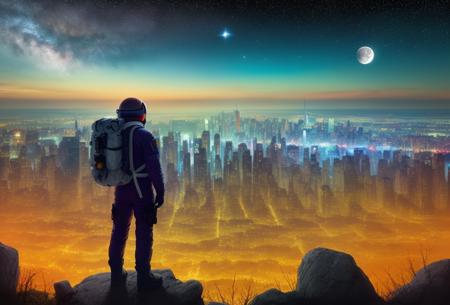 an astronaut standing on a karst mountain overlooking a dystopian new york city, on an extrasolar planet complete with lush scenery, night view, illustration, cartoon, soothing tones, calm colors, (dark shot:1.17), epic realistic, faded, ((neutral colors)), art, (hdr:1.5), (muted colors:1.2), hyperdetailed, (artstation:1.5), cinematic, warm lights, dramatic light, (intricate details:1.1), complex background, (rutkowski:0.8), (teal and orange:0.4)