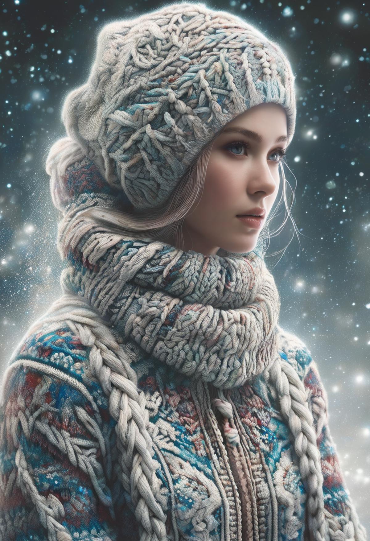 The woman is wearing a knitted hat and scarf, looking at the camera.