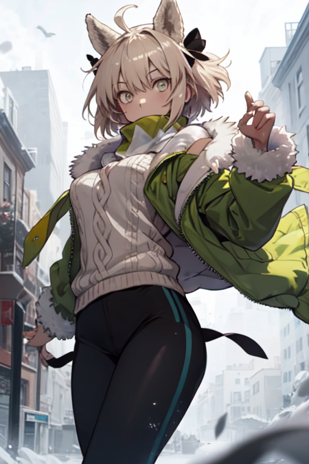 OkitaSoujiDP, 1girl, animal ears, solo, blonde hair, short hair, ahoge, green jacket, white sweater, hair bow, scarf, fur-trimmed jacket, open jacket, black pants, black bow, long sleeves, medium breasts, yellow eyes, grey eyes, 