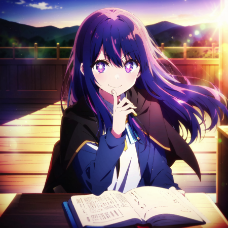 <lora:aiHoshinoLycorisOshiNoKo_v25:0.7>, ai hoshino, purple eyes,  eyes, sunrise, hair blowing, smirk, magical school, motion blur, looking at viewer, (solo:1.1), depth of field, cloak, cape, black cloak, microphone, <lora:kyotoAnimation_v10:0.45>, Kyoto Animation screencap, anime screencap, table, sitting on a chair, class, ((holding book:1)), magic staff, magical stone