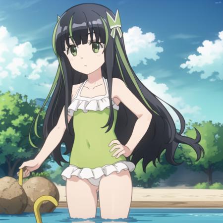 bofuri-may, casual swimsuit, long hair, black hair, two-tone hair, green eyes, hair ribbon, brown eyes, collarbone, full body, solo, 1girl, outdoors <lora:bofuri-may-000007:0.7>