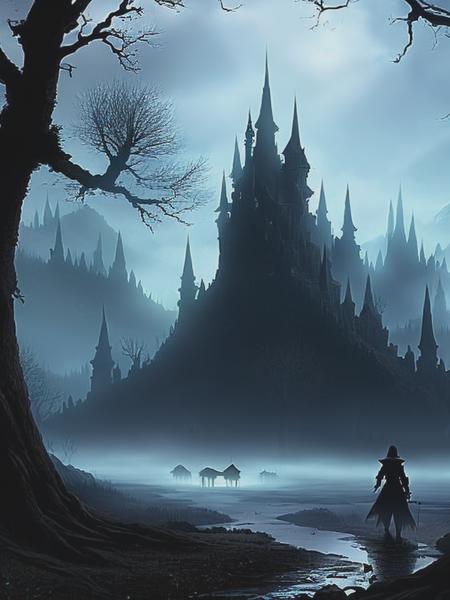 <lyco:DarkFantasy:1.0> dark shadow realm, misty, dead forest, black castle in the distance, cracked dead earth, dark fantasy