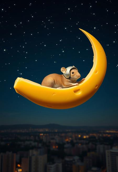 The image depicts a mouse wearing a helmet reclining on a crescent-shaped piece of cheese, which floats serenely in a night sky speckled with stars. The cheese moon is positioned above a cityscape, adding a touch of surrealism.
Style:
The style is a blend of surrealism and food photography. The image maintains the dreamlike quality of the original, but with a playful twist. The cheese adds a tactile element, inviting the viewer to imagine the texture and aroma.
Color Scheme:
The color palette is warm and inviting, with shades of golden yellow, creamy white, and deep brown. The cheese would have a rich, buttery hue, contrasting beautifully with the deep blue of the night sky. The stars would retain their soft white glow.
Details:
The cheese moon would have a slightly uneven surface, with subtle cracks and crevices.
The mouse skin would have a warm, golden tone, complementing the color of the cheese.
The cityscape would recede into the background, creating a sense of depth and perspective.
Tones and Palette:
The overall tone of the image would be one of warmth and comfort. The cheese, with its rich colors and inviting texture, would evoke a sense of indulgence and pleasure. The night sky, with its twinkling stars, adds a touch of magic and wonder.