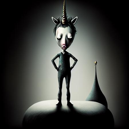 a surrealist sleepyheaded unicorn wearing pajamas inspired by Davegore and Yves Tanguy and Kahn Nova and Mark Ryden, muted colors, 128k, photorealistic, Houdini 3d, extremely intricate, ultradetailed, cinematic lighting, epic composition , <lora:LilYunicorn2-05:1> <lora:chibiStyle_v1:1> <lora:burtonesqueStyleV2Out_v2:1>