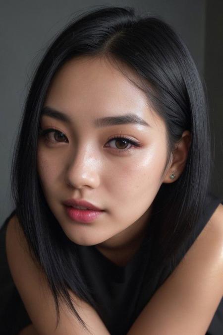 (Cute korean girl), (a black oversized t-shirt with no prints texts or designs:1.3), (black oversized t-shirt:1.4), (black shorts:1.3) clear beautiful eyes, (smiling), (light leaks),(micro waist:1.2), shiny skin,blush,eyeliner,eyeshadow,eyelashes,sweating,blush, beautiful senary, freckles on the face, (glossy lips:1.25), plump lips, big lips, (dark makeup:1.25), detailed eyes, innocent face, beautiful face, symmetrical face, high arch eyebrows, (sharp eyes:1.25), (lip glossed:1.25), (blush:1.25), (sharp facial features:1.25), shine skin, (shine black hair:1.5), (lush black hair:1.25), (side black hair:1.25), (mussed black hair:1.25), (fluffy black hair:1.25), medium black hair, (manicure, black nail polish:1.2), (torso view:1.3), (cinematic lighting:1.2), (volumetric:1.2), (looking at viewer:1.3), masterpiece, best quality, extremely detailed, detailed, (epic realistic1.4), (hdr:1.4), (dark shot:0.7), intricate details, intricate, cinematic, highres