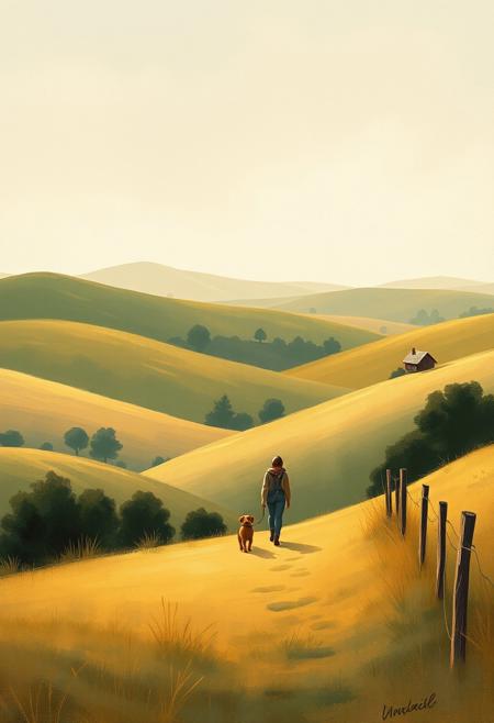 A quiet countryside scene with rolling hills, where a lone figure walks with their dog, painted in folk-art style but bathed indreamy, luminous colors.
nostalgic folk-art storytelling, soft impressionistic brushwork, rolling countryside landscapes, gentle warm color palette, whimsical poetic atmosphere, handwritten text elements, dreamlike rural charm, sentimental and heartwarming composition