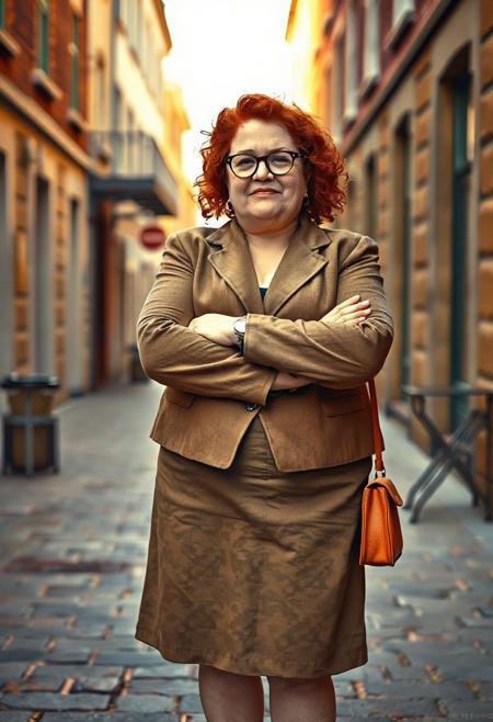 full body shot masterpiece portrait of a plump mature woman::1.4, Norman Rockwell style::1.2, realistic impressionist art::1.1,
(physical description: full body shot, plump build, mature age, red curly hair, wearing glasses, arms crossed:1.1)
(facial features, expression: soft and confident expression, gentle smile lines, thoughtful gaze through round glasses:1.0)
(clothing details: tailored jacket paired with a knee-length skirt, round toe flats in a coordinating color:1.0)
(accessories: simple earrings or minimal jewelry, subtle handbag or no bag:0.9)
(background setting: urban sidewalk or small town square, textured stone or brick background:0.9)
(lighting style: natural soft daylight with warm highlights:0.8)
(composition and camera framing: full body centered portrait, eye-level angle, candid posture with arms crossed:1.0)
(emotional tone or theme: self-assured, comfortable elegance, quietly bold presence:0.9)
(technical execution: clean sharp details, rich color tones with natural shadows, painterly realism:0.8)
