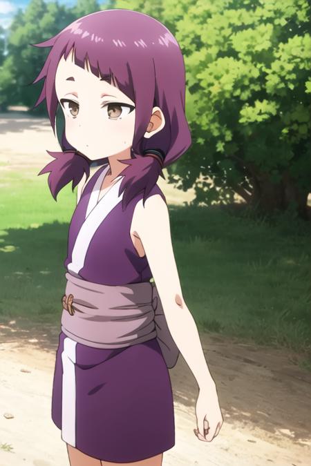 masterpiece, best quality, <lora:kunoichi_shakuyaku:0.7> 1girl, solo, brown eyes,  purple hair, twintails, low twintails, purple kimono, sleeveless, sash, closed mouth, outdoors, flat chest, sunlight