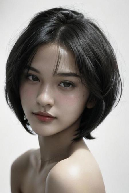 hair style (a cute girl, 22 years old, bob cut hair style, skinny:1.1), (best quality, high quality, photograph, hyperrealism, masterpiece, 8k:1.3), mestizo, burly, white shaggy hair, legskin, dark skin, smile, (low-key lighting, dramatic shadows and subtle highlights:1.1), adding mystery and sensuality, trending on trending on artsy, concept art, (shot by helmut newton:1.1), rule of thirds, black and white, modern