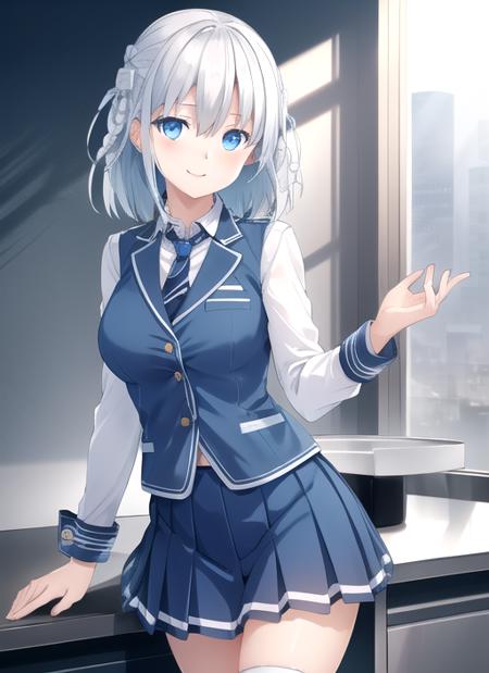 ((masterpiece)),(best quality),official art,extremely detailed CG,unity 8k wallpaper,ultra detailed,beautiful detailed eyes,extremely detailed face,1girl,solo,cowboy shot,facing viewer,looking at viewer,madobe tooko,smile,silver hair,long hair,hair ornament,twin braids,hair between eyes,blue eyes,employee uniform,sleeveless jacket,light blue jacket,white shirt,long sleeve shirt,light blue cuffs,short necktie,large breasts,blue skirt,miniskirt,pleated skirt,knee boots,white footwear,<lora:Madobe Tooko(win)>,