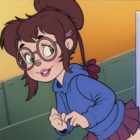 1girl, chipette, glasses, green eyes, smile, hairclip, hoodie, jeanette miller, pleated skirt, ponytail, solo