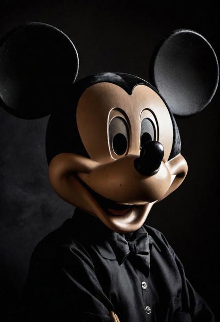 Close-up, (Mickey mouse ), grim smile, relaxed pose, portrait movie shot, serious, menacing, chiaroscuro style photo, dark background, minimalism, dramatic lighting, professional quality, dull highlights and shadows, natural and   original, laser eyes