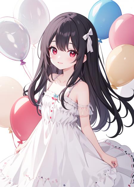 1girl,solo,black hair,red eyes,long hair,(kid, child:1),
white dress,bare shoulders,collarbone,
smile,
cowboy shot,
white background,balloon,many balloon,
<lora:clearcolor_v1.7_lbw:1>,