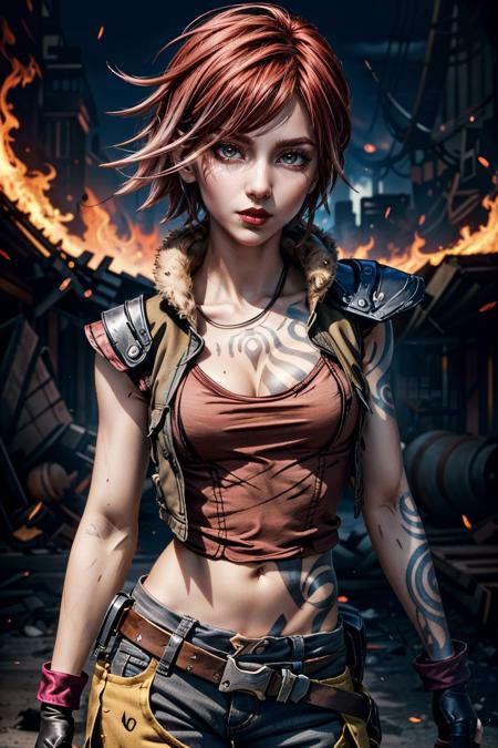 (masterpiece, best quality, cinematic lighting)
LilithBorderlands,  1girl, solo, breasts, looking at viewer, short hair, open mouth, bangs, shirt, gloves, navel, cleavage, bare shoulders, jewelry, medium breasts, standing, collarbone, jacket, yellow eyes, short sleeves, red hair, cowboy shot, parted lips, open clothes, shorts, sleeveless, black gloves, midriff, belt, pants, fingerless gloves, necklace, hair over one eye, vest, open jacket, lips, crop top, fingernails, head tilt, fur trim, eyelashes, sleeveless shirt, tattoo, makeup, swept bangs, glowing, black pants, fire, lipstick, red shirt, glowing eyes, red jacket, buckle, arm at side, cropped jacket, contrapposto, pouch, pink lips, nose, orange background, arms at sides, red vest, taut clothes, red lips, flipped hair, arm tattoo, aura, brown pants, clothes around waist, belt pouch, open vest, sleeveless jacket, chest tattoo, elbow pads, stomach tattoo, breast tattoo, embers, chaps, cropped vest, full-body tattoo
  <lora:epi_noiseoffset2:1> <lora:add_detail:0.5>  <lora:LilithBorderlands:0.8>