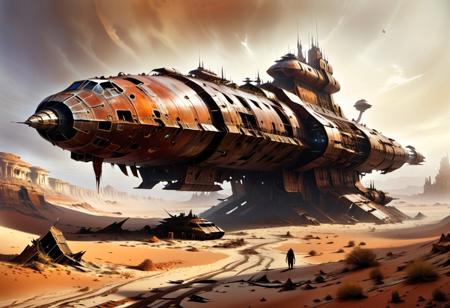 masterpiece,best quality,absurdres,dvr-rst, 
 Huge abandoned decaying spaceship in a desert landscape,
Decay, surreal, beautiful, haunting,